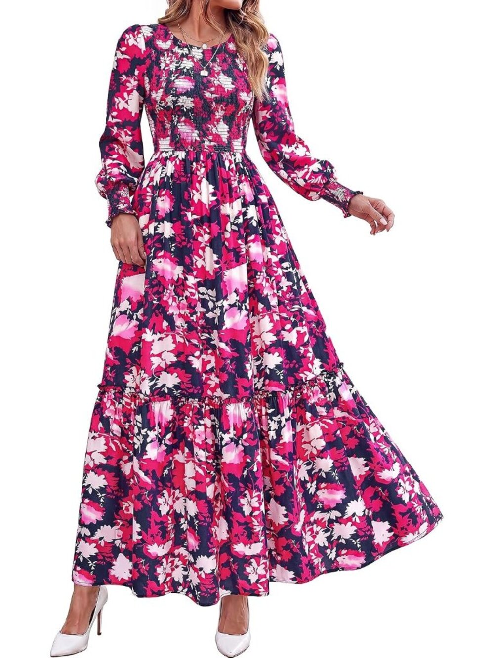 Women's Navy Rose Red Long Sleeve Floral Casual Fall Dresses With Maxi Pockets